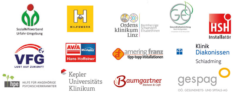 Logos von Auftraggebern, darunter Kepler Universitätsklinikum, Ordensklinikum Linz, gespag, Hilfswerk, Klinik Diakonissen Schladming und VFG